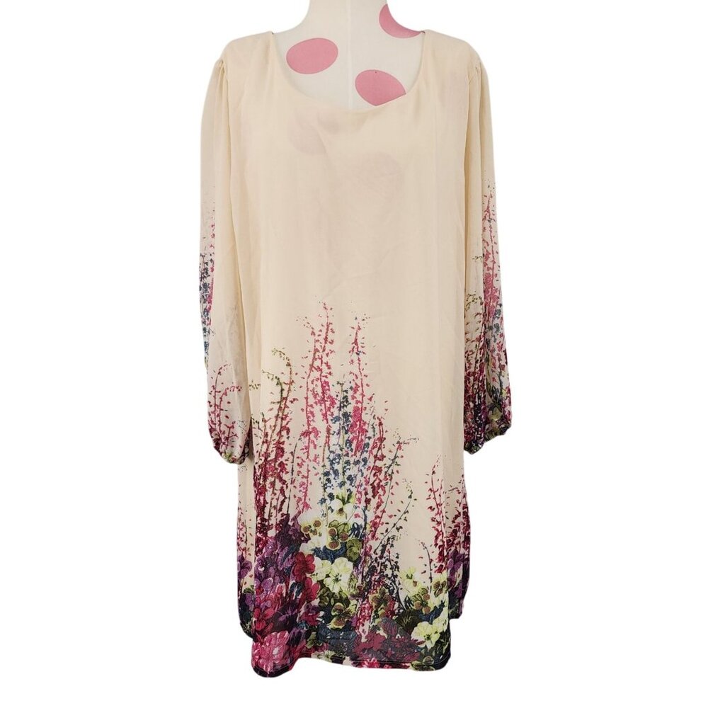 NWT Women's DJT Fashions Floral Dress Cream XL Flowy Sheer Sleeves Easter Party